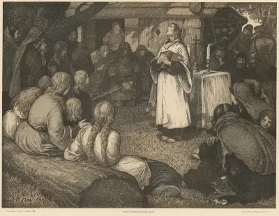 Ansgar prædiker i Haralds gård (Ansgar preaching at the court of king Harald) av Louis Moe