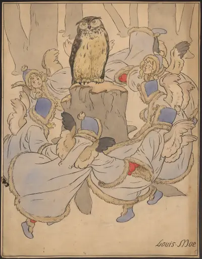 Elves or angels in winter clothes dance around an owl on a tree stump. av Louis Moe
