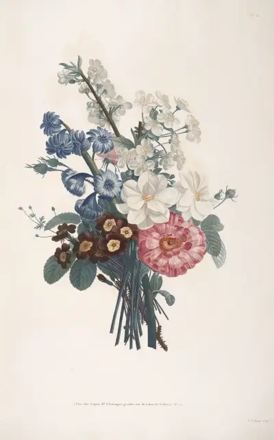 Bouquet de Jacinte, Auricules, Narcisse tardif, Rose panachée, branche de Cerisiers en fleur av Jean Louis Prévost