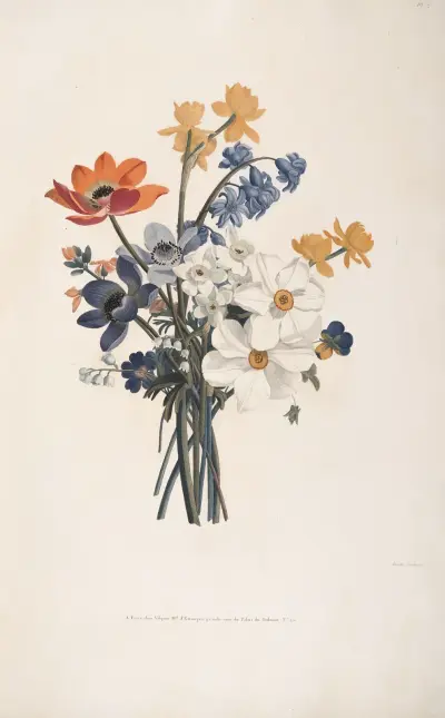 Bouquet de Jacinte, Narcises divers, Anémones, Pensées, Primevère, Muguet et Giroflée jaune av Jean Louis Prévost