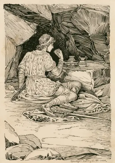 Cymbeline, Imogen beim Essen in der Höhle von Louis Rhead