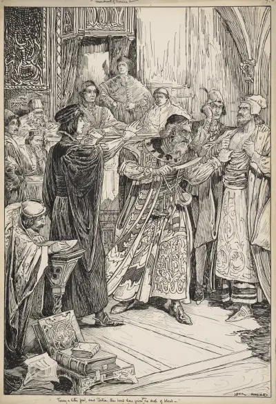 Merchant of Venice. Tarry a little, Jew, said Portia, this bond here gives you no drop of blood av Louis Rhead