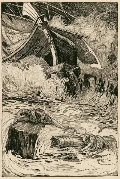 Komödie der Irrungen. Das Schiff zerschellt an einem gewaltigen Felsen von Louis Rhead