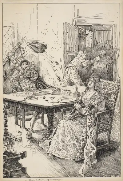 Der Widerspenstigen Zähmung: Petruchio bewirtet seine Frau beim Abendessen von Louis Rhead