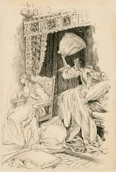 Der Widerspenstigen Zähmung, wie sie die Kissen und Bettwäsche im Zimmer umherwirft, sodass sie sich in einen Stuhl setzen musste von Louis Rhead