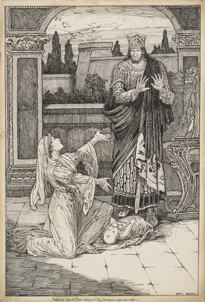 Wintermärchen, „flehte ihn an, sich seiner unschuldigen Frau und seines Kindes zu erbarmen“ von Louis Rhead