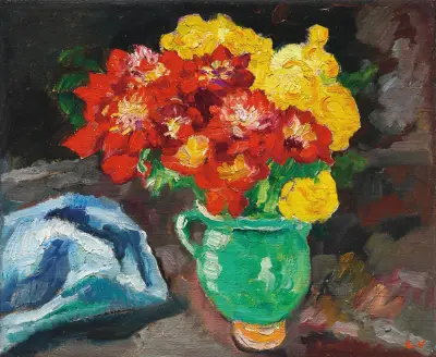 Grön kruka, gula och röda ranunkler av Louis Valtat