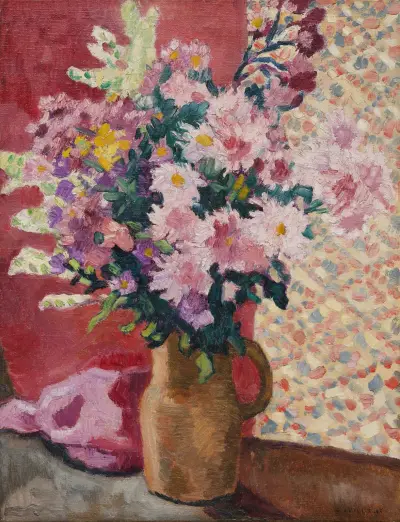 Rosa blommor i lerkanna av Louis Valtat