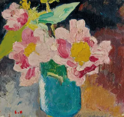 Rosa blommor med gula hjärtan, blå vas av Louis Valtat
