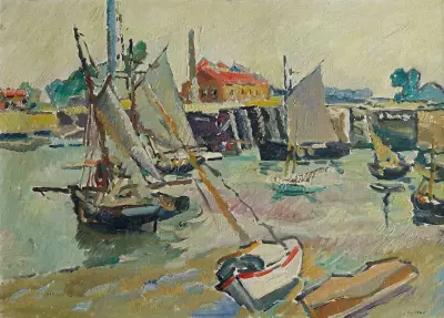 Segelbåtar i hamn vid ebb, Ouistreham av Louis Valtat