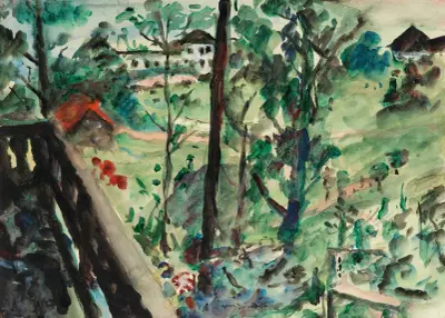 Blick von einem Balkon in Richtung Walchensee von Lovis Corinth