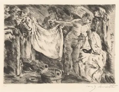 Grupp kvinnor, varav en naken och en annan som håller upp ett tygstycke av Lovis Corinth
