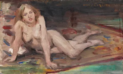 Liegender, blonder Mädchenakt auf buntem Teppich von Lovis Corinth