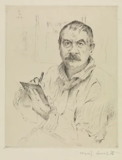 Selbstbildnis, radierend von Lovis Corinth