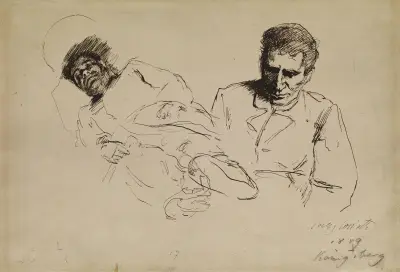 Tuschskiss manligt halvporträtt och man liggande åt vänster av Lovis Corinth