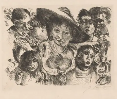 Vrouw met hoed omringd door een groep gezichten von Lovis Corinth