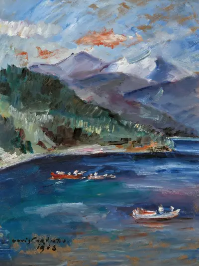 Walchensee mit roten Booten von Lovis Corinth