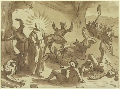 Christus wirft durch seine Stimme die ihn gefangennehmenden Soldaten nieder av Luca Cambiaso