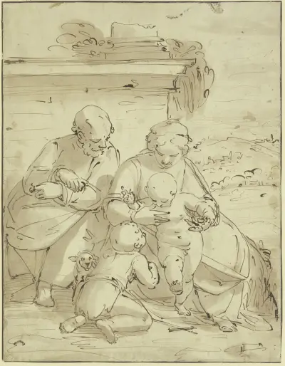 Die Heilige Familie mit dem Johannesknaben vor einer Mauer mit Säulenfuß av Luca Cambiaso