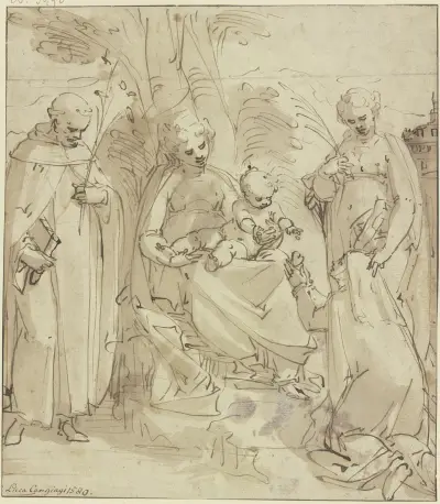 Madonna unter einem Baum zwischen zwei Heiligen, eine kniende Nonne hält dem Jesuskind ein Herz entgegen (Sacra conversazione) av Luca Cambiaso