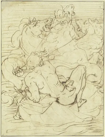 Neptun auf dem Meer fahrend av Luca Cambiaso