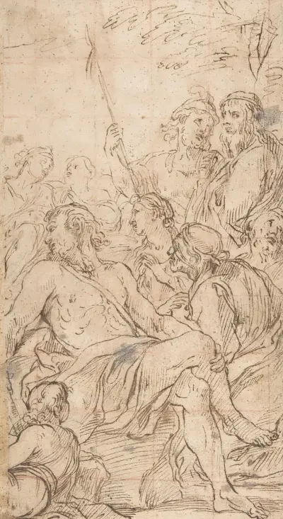Fragment einer Komposition mit einem liegenden halbnackten Mann, umgeben von Soldaten und anderen Zuschauern in einer Landschaft von Luca Giordano