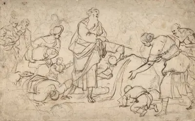 Mose slår vatten ur klippan av Luca Giordano