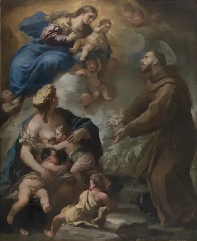 The Virgin and Child Appearing to Saint Francis of Assisi av Luca Giordano