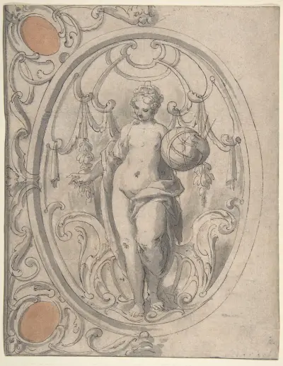Entwurf für eine Ornamentplatte mit der Figur der Astronomia von Lucas Kilian