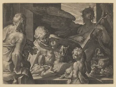 Die Heilige Familie mit Johannes dem Täufer und einem Engel von Lucas Kilian