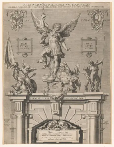 Skulptur des Erzengels Michael über dem Eingang zum Zeughaus in Augsburg von Lucas Kilian