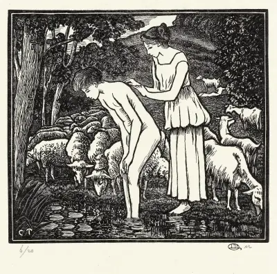 Daphnis wordt gewassen door Cloë av Lucien Pissarro