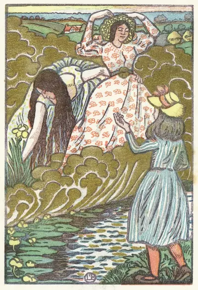 Een meisje en twee vrouwen bij een beek av Lucien Pissarro