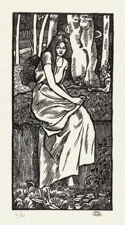 Vrouw in een bos av Lucien Pissarro