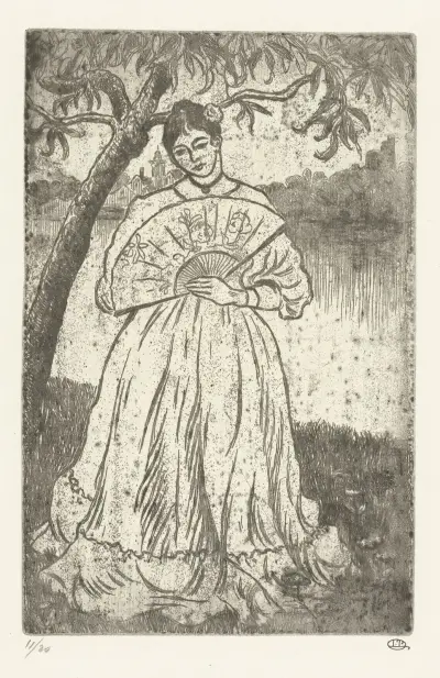 Vrouw met waaier av Lucien Pissarro
