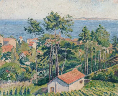 Vue du Lavandou avec mer bleue av Lucien Pissarro