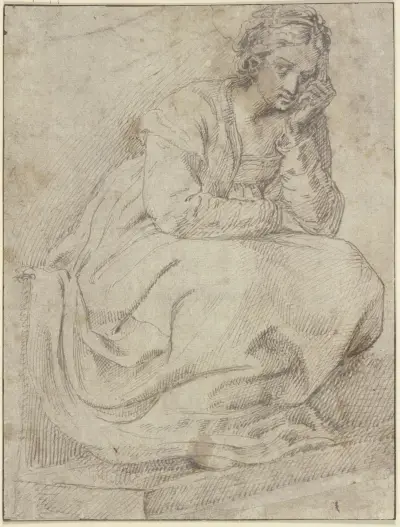 Eine auf einer Treppe sitzende Frau av Ludovico Carracci