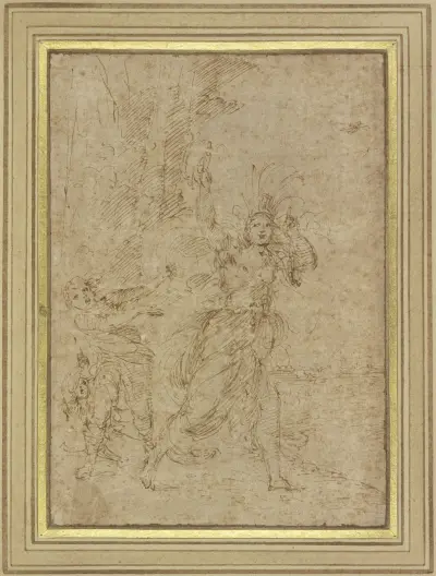 Eine Frau (La Pazza) mit sonderbarem Kopfputz flieht vor zwei Verfolgern av Ludovico Carracci