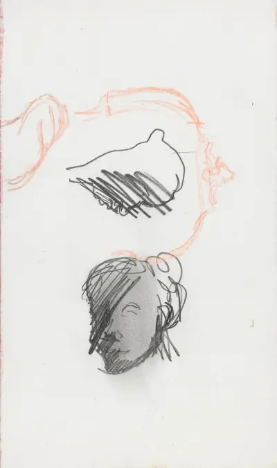 Stuhllehne; zwei übermalte Köpfe von Ludvig Karsten