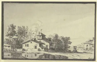 Bondgård, omgiven av träd, vid en damm av Johann Ludwig Aberli