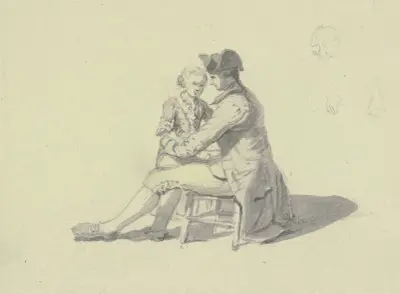 Ein Mann auf einem Stuhl sitzend in Unterhaltung mit einem Jungen av Johann Ludwig Aberli
