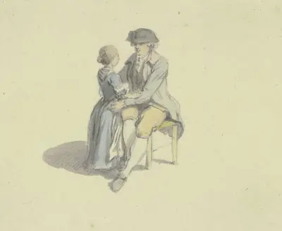 Ein Mann auf einem Stuhl sitzend in Unterhaltung mit einem Mädchen av Johann Ludwig Aberli