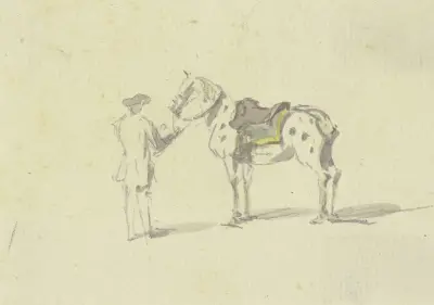 Ein Mann in Rückenansicht hält ein geflecktes Pferd am Zügel av Johann Ludwig Aberli