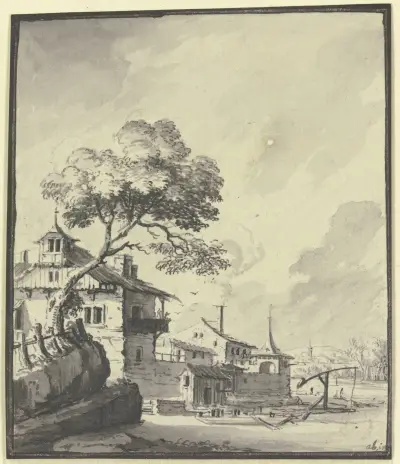 Gebäude an einem Fluß av Johann Ludwig Aberli