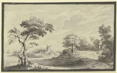 Kuperat landskap med flod, träd och hus av Johann Ludwig Aberli