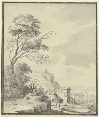 Landschaft mit einem Haus mit Turm av Johann Ludwig Aberli