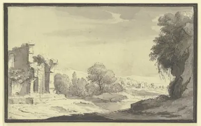Landskap med ruin i förgrunden till vänster av Johann Ludwig Aberli