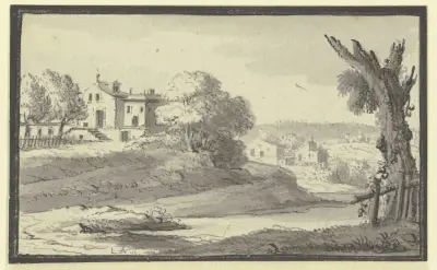 Landskap med hus på en kulle vid vattnet av Johann Ludwig Aberli