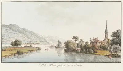 L’Isle St. Jean prés du Lac de Bienne av Johann Ludwig Aberli