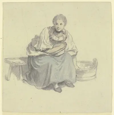 Sitzende Frau mit Holzbütte av Johann Ludwig Aberli